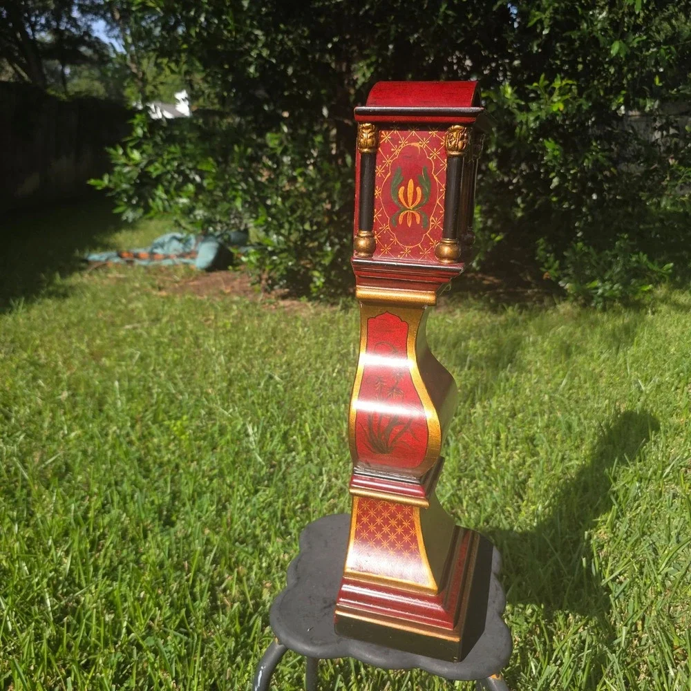 Miniature Grandfather Clock Red Floral Chinoiserie Mantle Table clock no work
